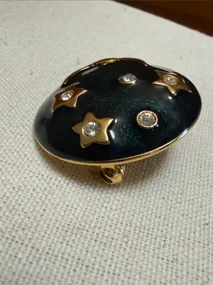 Vintage 80s Dark Teal Enamel Celestial Moon & Stars Dome Brooch Pin thumbnail 3