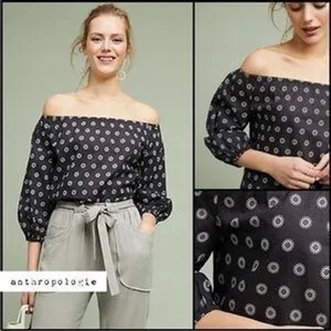 Maeve Anthropologie Navy‎ Blue Sunburst Print Off the Shoulder Cotton Blouse S thumbnail 2