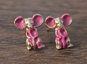 Vintage Stud Earrings Pink & Gold Tone Mouse - Very Small & Dainty thumbnail 1