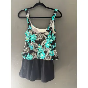 Azul Y2k Floral Paisley Tankini Swimsuit Set Teal Black‎ Skirted 12 Resort thumbnail 5