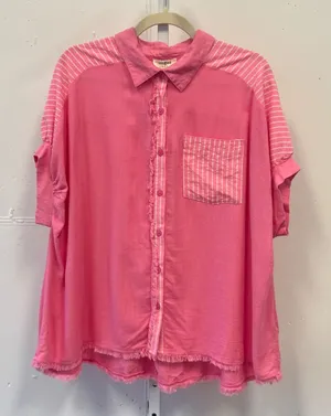 NWT Umgee USA Pink Linen Blend Striped Boho Frayed Hem Button Down Top Small thumbnail 1