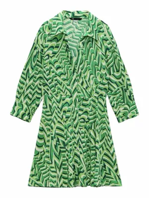 ZARA Printed Shirt Dress Green Mini Dress Size Large thumbnail 2