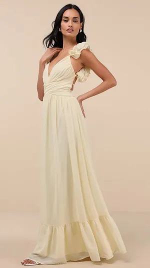 NWT Lulus Soiree Celebration Light Yellow Ruffled Lace-Up Maxi Dress Tiered S thumbnail 1