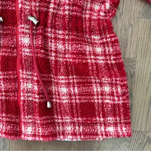 Anthropologie Vintage Collared Fleece Drawstring Waist Jacket Red White Plaid M thumbnail 4