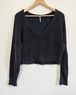 Free People Textured Knit V Neck Sweater Size Small Crop Black thumbnail 1
