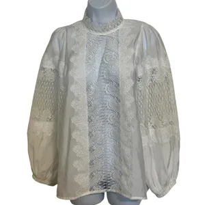 GRACIA Pure‎ White Lace Balloon Sleeve Mock Neck Victorian Blouse Top EUC Size M thumbnail 2