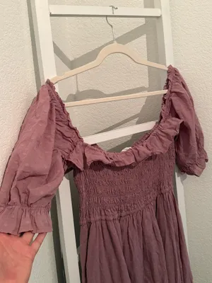 R.YIPOSHA Mauve Swiss Dot Smocked Cottagecore Midi Dress L 12/14 thumbnail 8