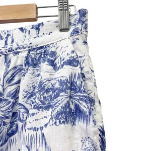 Joie 100% Linen Blue White Tropical Toile Midi Skirt Elastic Waist Size Large thumbnail 4