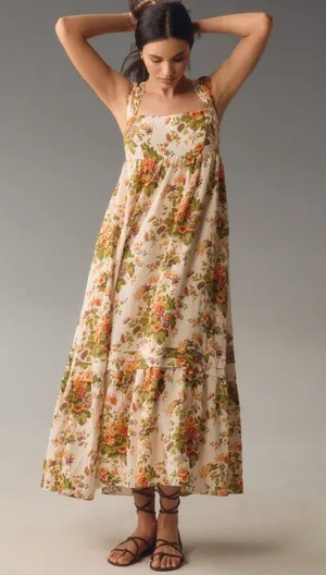 NWT Anthropologie Sleeveless Square-Neck Maxi in Orange Floral Motif Dress M thumbnail 1