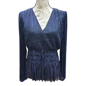 White House Black Market Navy Blue Metallic‎ Pleated Smocked Peplum Blouse Small thumbnail 3