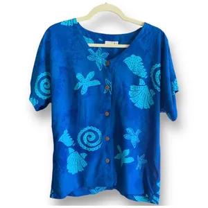 Blue Batik Tropical Shell Starfish Rayon Button Front Top Coastal Nautical Beach thumbnail 6