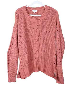 Umgee Chenille Sweater Women's Large Orange Chunky Cableknit Loose Pullover Crew thumbnail 1