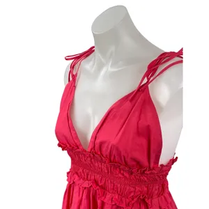 Zara Red Sleeveless Tie Strap V Neck Smocked Cami Tank A Line Mini Dress Size M thumbnail 2
