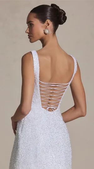 Embellished Structured A-Line Mini Dress in White (Bridal) thumbnail 2