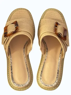 Chunky Wedge Raffia Espadrille Platform Slide Sandals With Tortoiseshell Buckle thumbnail 9