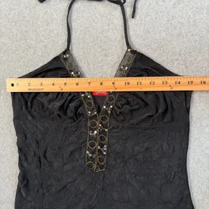 Nabiran Y2k Women's Small Black Halter Top Sequined Beaded Crinkle Tank Blouse thumbnail 6