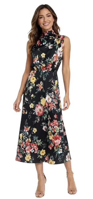 Maurices Black Floral Funnel Neck Satin Midi Dress Size Medium thumbnail 1