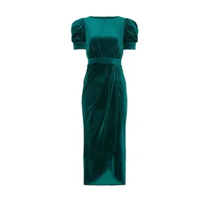 Yumi Kim Tamra Green Velvet Puff Sleeve Faux Wrap Midi Cocktail Dress Size Small thumbnail 5