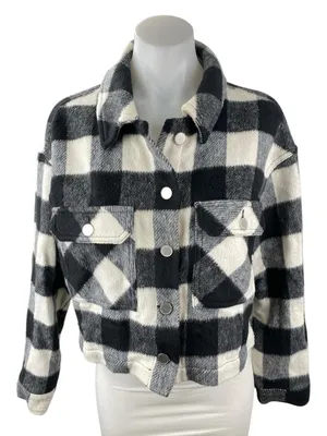 Zara Women's Black White Plaid Long Sleeve Cropped Shirt Jacket Shacket Size M thumbnail 1