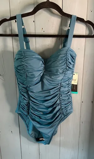 Aqua Green Shape + Style Blue/Green Ruched One-Piece Bathing Suit | Size 6 - New thumbnail 1