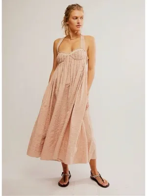 Free People Bohemian Beachy Seersucker Poppy Midi Dress Sundress Blush Large thumbnail 3