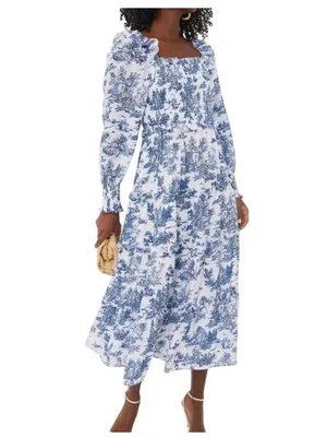 Hyacinth House Long Sleeve Georgina Midi Dress in Blue Toile XXSmall New Womens thumbnail 3