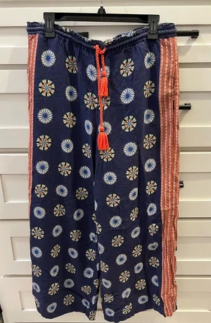 Anthropologie Navy Pants with Coral Drawstring and Multicolor Floral Print thumbnail 1