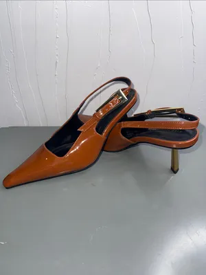 Ding Xiang Pointed Patent Slingback Heels in Cognac by thumbnail 2
