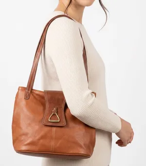 Leslie Fay Shoulder Bag Womens Medium Brown Leather Stirrup Hardware Good thumbnail 1
