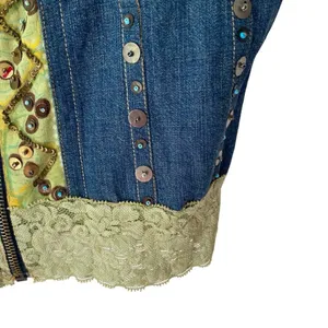Aseesa Bohemian Festival Denim Jean Top Embellished Beaded Lace size large thumbnail 3