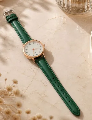 Geneva Green Leather Band w/ Gold Trim Quartz Wrist Watch Adjustable Band thumbnail 1