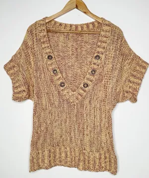 Free People Deep V-Neck Grommet Short Sleeve Chunky Knit Sweater Small thumbnail 1