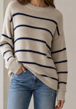 ANA A New Approach Striped Crew Neck Sweater Oatmeal Navy Blue Medium NWT‎ thumbnail 1