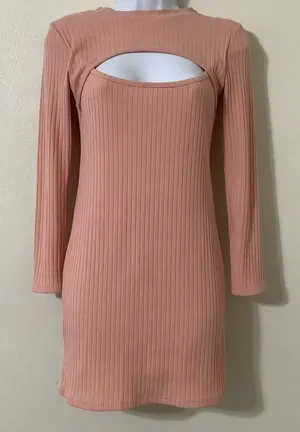 Yi Lhi Lian Pink Ribbed‎ Bodycon Glam Club Feminine Keyhole Neck Mini Dress S thumbnail 1