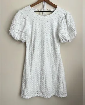 Free People dress white eyelet puff sleeve open back Peasant L thumbnail 4