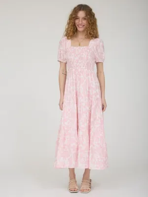 Soft Pink Floral Smocked Midi Dress Puff Sleeves Last One Size Medium thumbnail 2