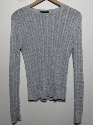 Lauren Ralph Lauren Women SILK Cable Knit Sweater‎ Medium Silver Metallic Preppy thumbnail 1
