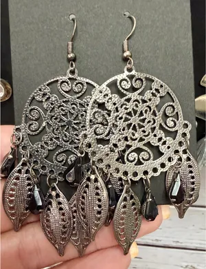 Silver Handmade Earrings with AB black Crystals. thumbnail 1