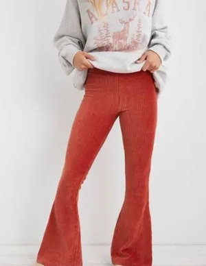 Aerie NWT Groove On Red Velour Ribbed Flare Pants Medium thumbnail 1