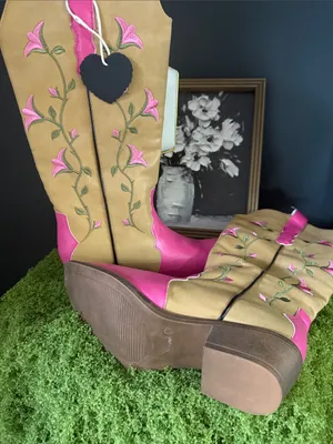 Stylish Pink & Tan Floral Western Boots - Women thumbnail 2