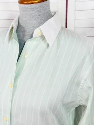 Lauren Ralph Lauren Pinstripe Button Up‎ Shirt Green White Size 6 Preppy Oxford thumbnail 5