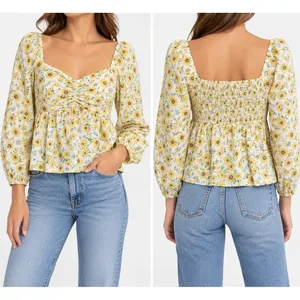 Old Navy Floral Peplum Blouse M Yellow Ditsy Cottagecore Puff Sleeve thumbnail 2