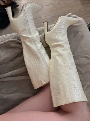 Knee-High Croc-Embossed Patent Boots in Cream thumbnail 3
