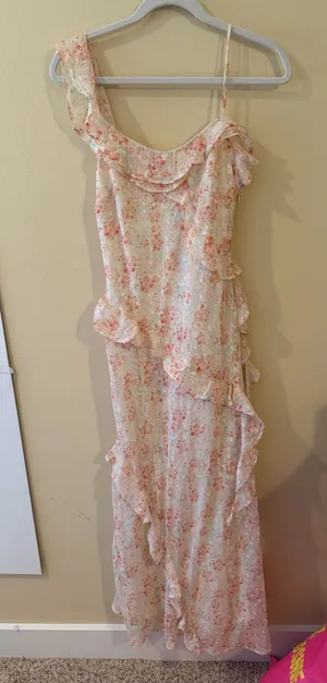 Storia Cream Maxi Dress with Pink Floral Ruffles thumbnail 1