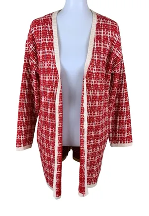 Calligraphie Red White Open Knit Cardigan‎ Longline Cozy Women M thumbnail 1