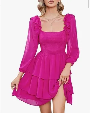NEW Hot Pink Smocked Ruffle Mini Square Neck Dress M thumbnail 1