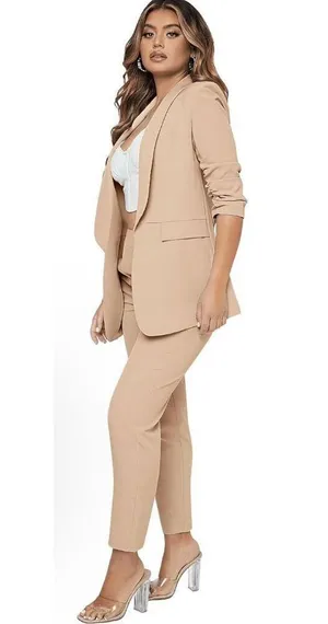 SweatyRocks NEW Tan 2 Pc Ruched Sleeve Blazer & Pant Career Suit Set M thumbnail 7