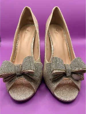 Lauren Lorraine Gold Pump Heels Bow Glitter Peep Toe Slip On Size 9 thumbnail 1