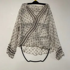 FP One Free People S Sheer Boho Wrap Blouse Ivory Gray Balloon Sleeve thumbnail 2
