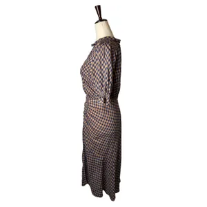 MINE Gingham Midi Dress Women Small Orange Blue Ruched Puff Sleeve Preppy Retro thumbnail 5